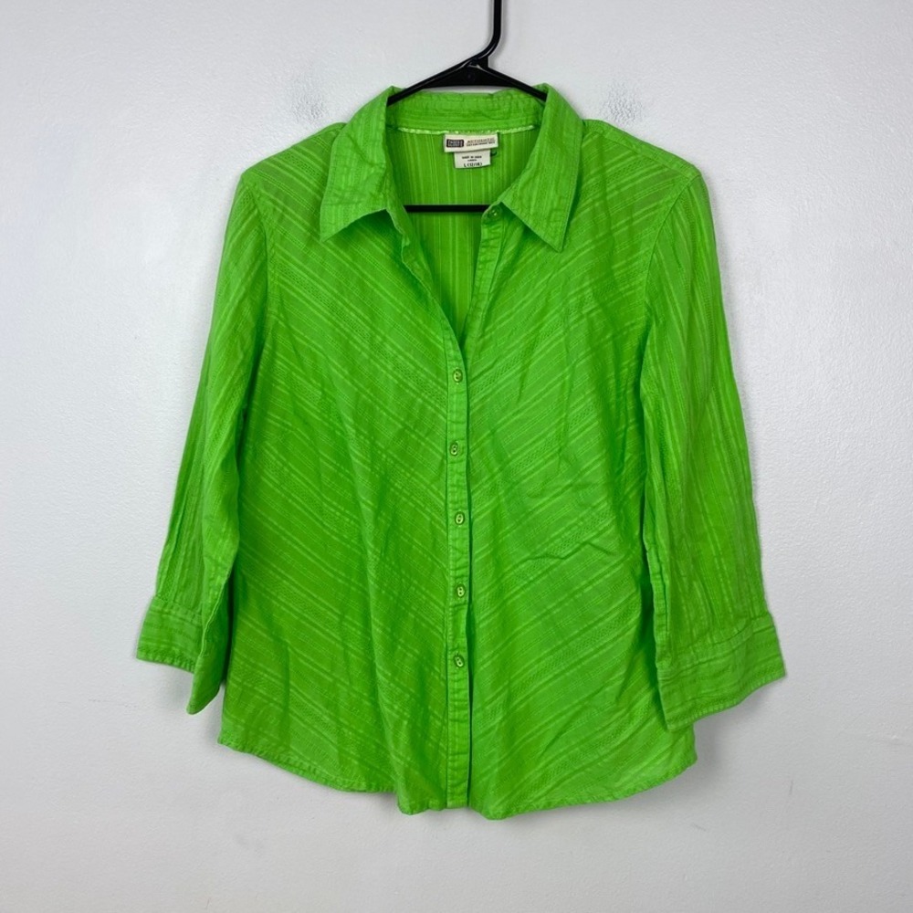 Faded Glory Y2K Button Down Shirt Green Textured Collared Top Brat Size Large